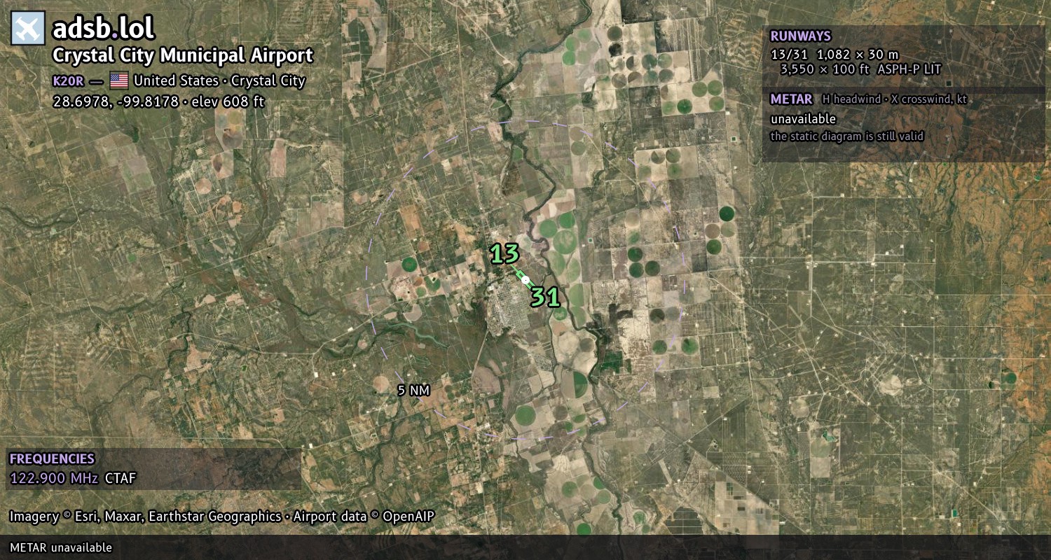 Satellite map with the runway layout of Crystal City Municipal Airport (K20R)