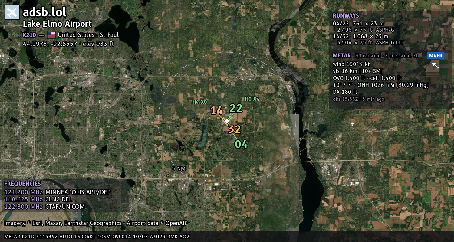 Satellite map with the runway layout of Lake Elmo Airport (K21D)