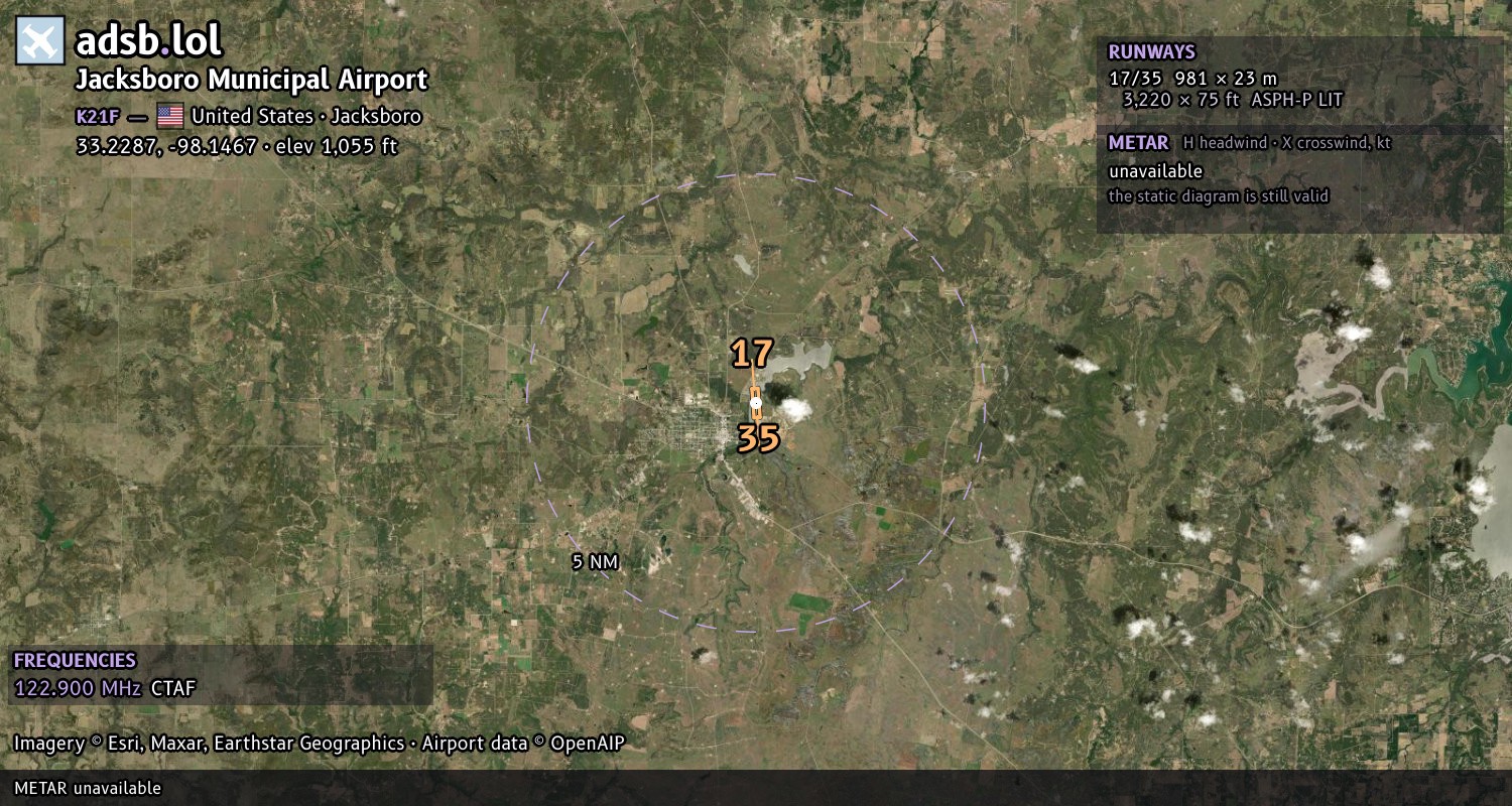 Satellite map with the runway layout of Jacksboro Municipal Airport (K21F)