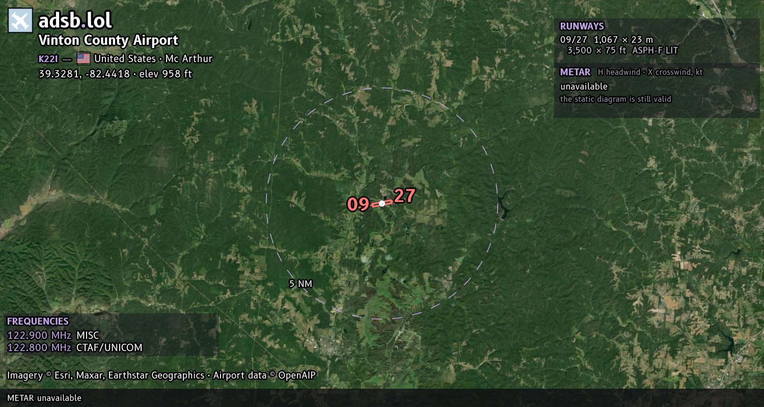Satellite map with the runway layout of Vinton County Airport (K22I)
