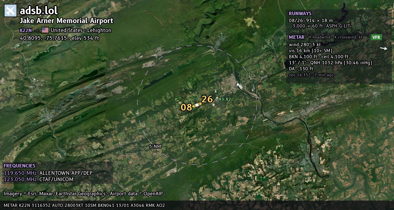 Satellite map with the runway layout of Jake Arner Memorial Airport (K22N)