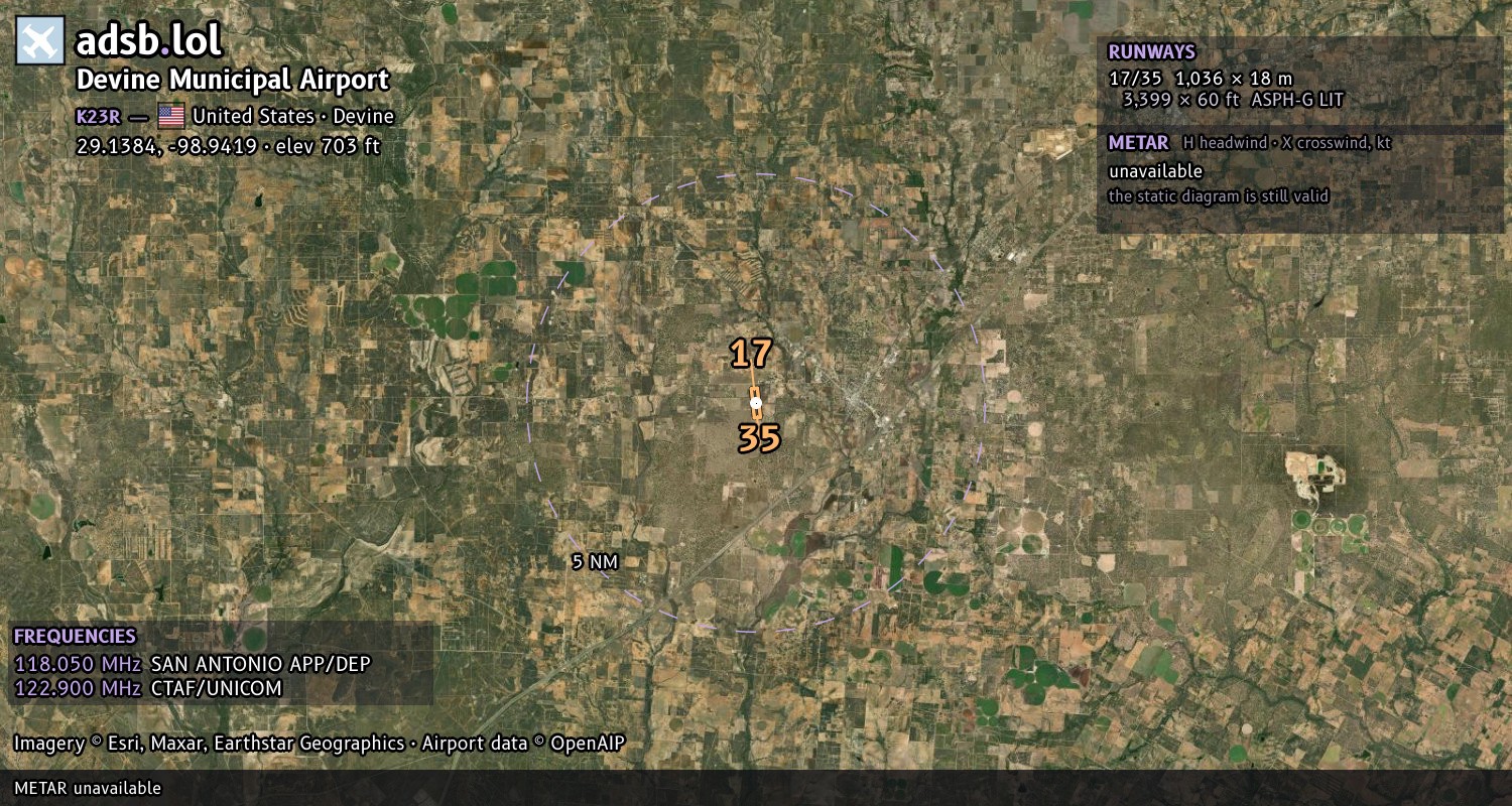 Satellite map with the runway layout of Devine Municipal Airport (K23R)