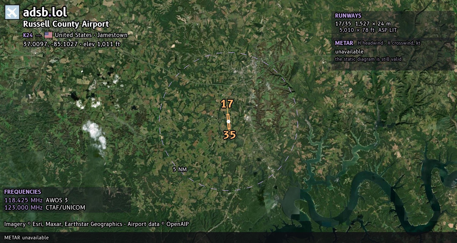Satellite map with the runway layout of Russell County Airport (K24)