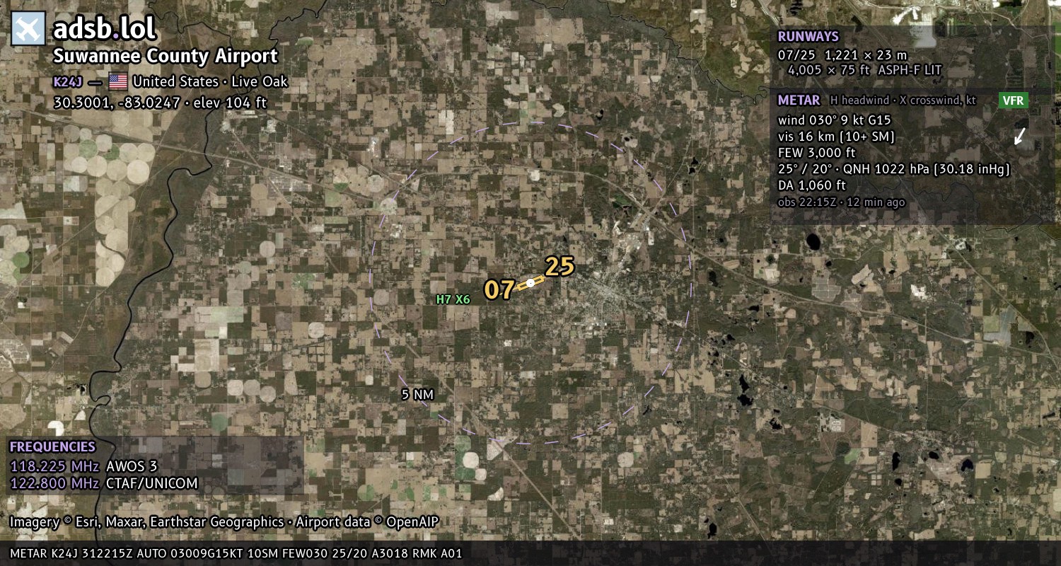 Satellite map with the runway layout of Suwannee County Airport (K24J)