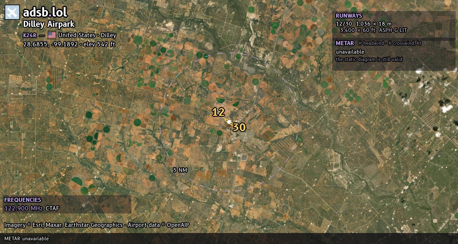 Satellite map with the runway layout of Dilley Airpark (K24R)