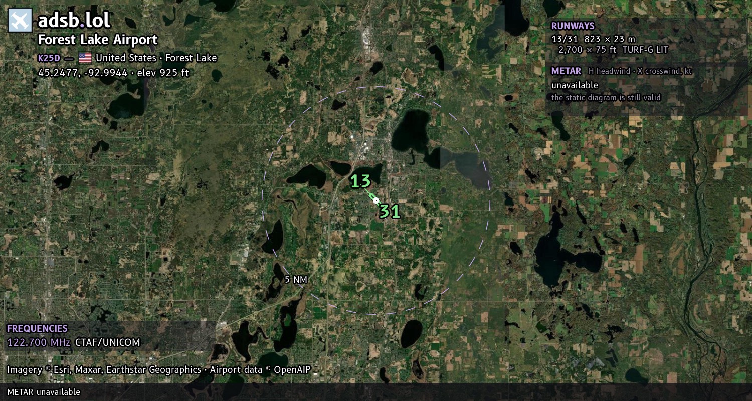 Satellite map with the runway layout of Forest Lake Airport (K25D)