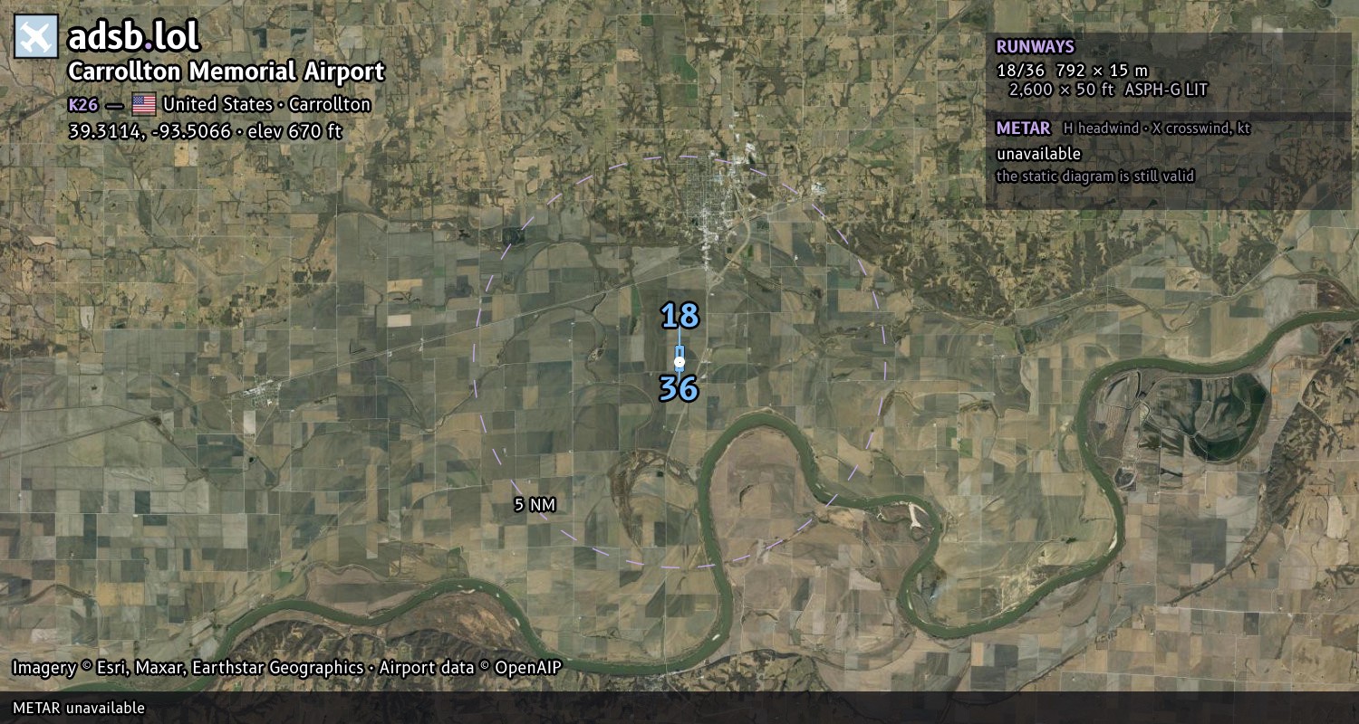 Satellite map with the runway layout of Carrollton Memorial Airport (K26)