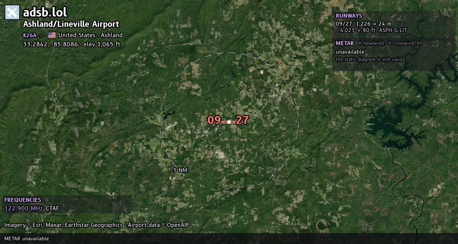 Satellite map with the runway layout of Ashland/Lineville Airport (K26A)