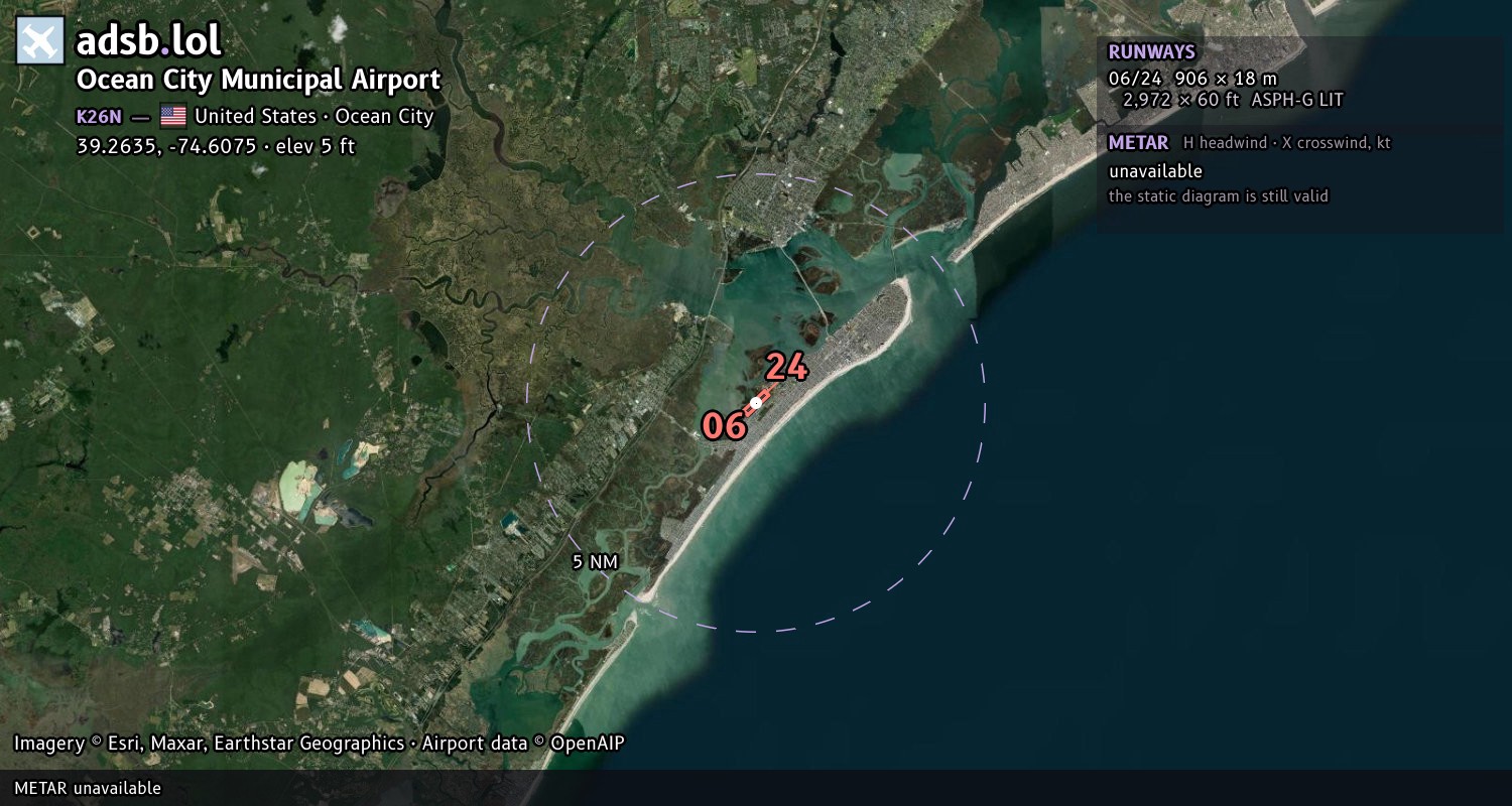Satellite map with the runway layout of Ocean City Municipal Airport (K26N)