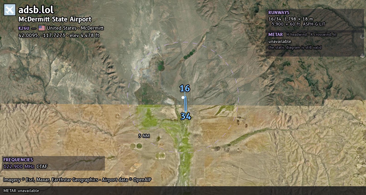 Satellite map with the runway layout of McDermitt State Airport (K26U)