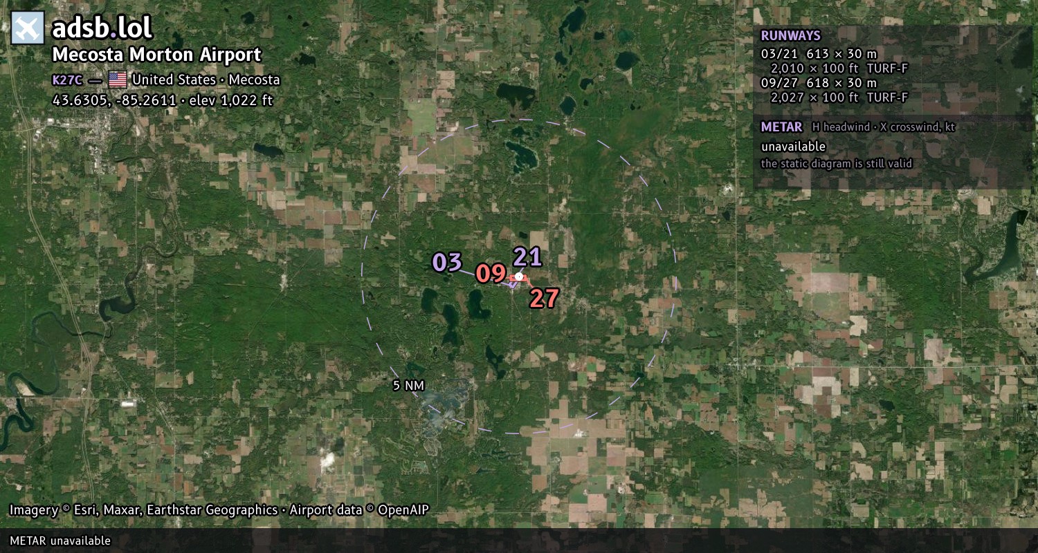 Satellite map with the runway layout of Mecosta Morton Airport (K27C)