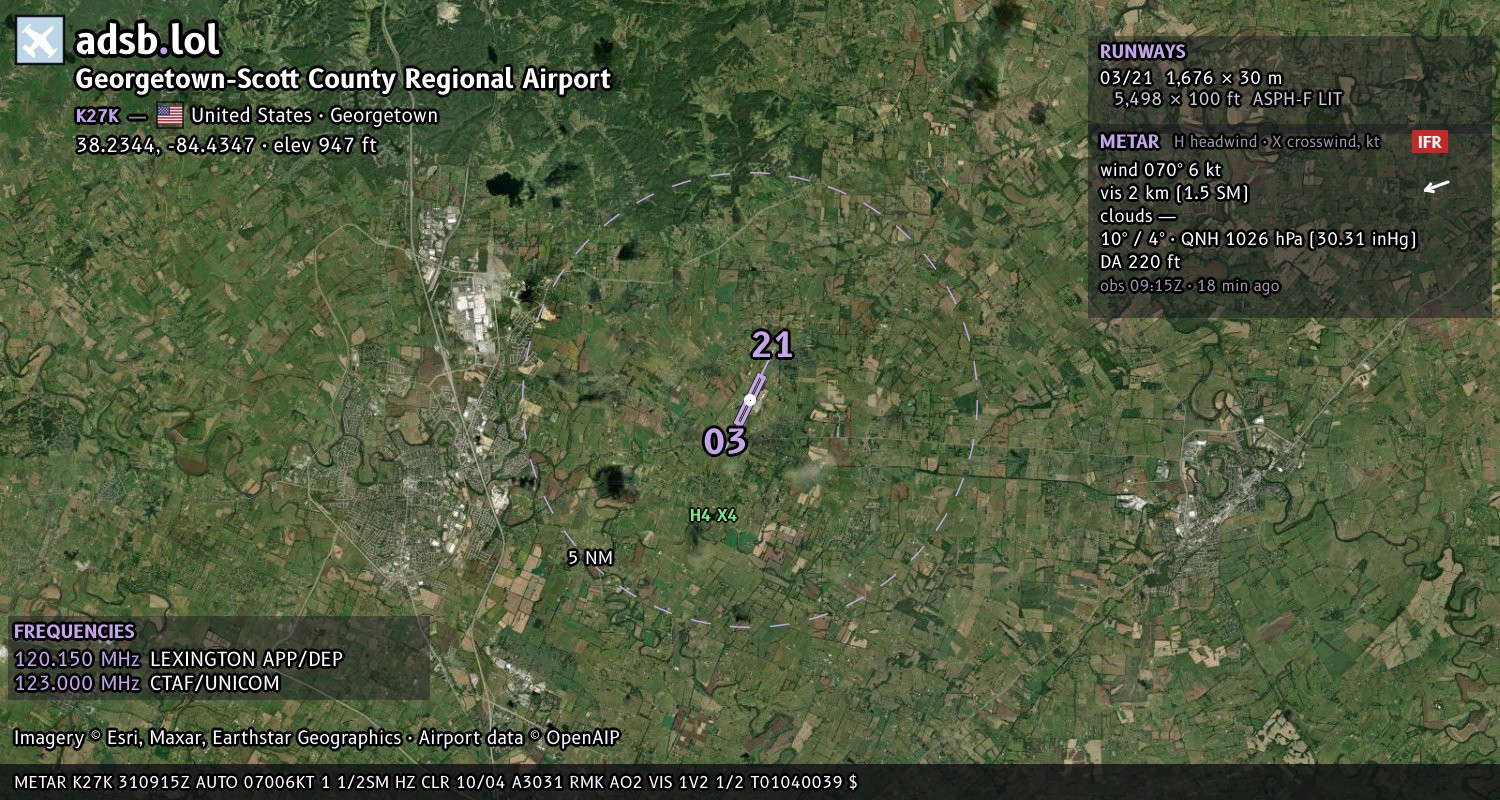 Satellite map with the runway layout of Georgetown-Scott County Regional Airport (K27K)