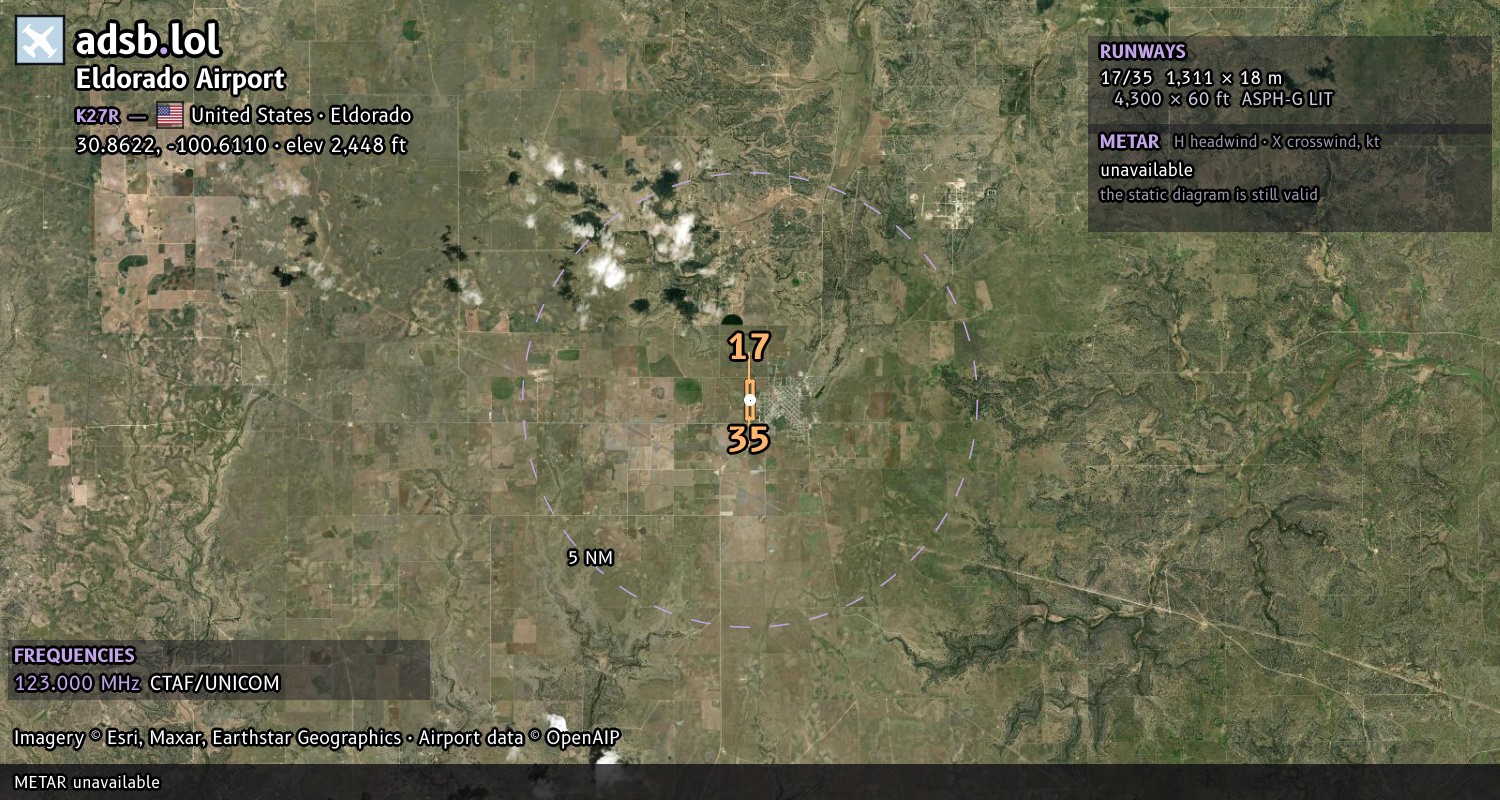 Satellite map with the runway layout of Eldorado Airport (K27R)