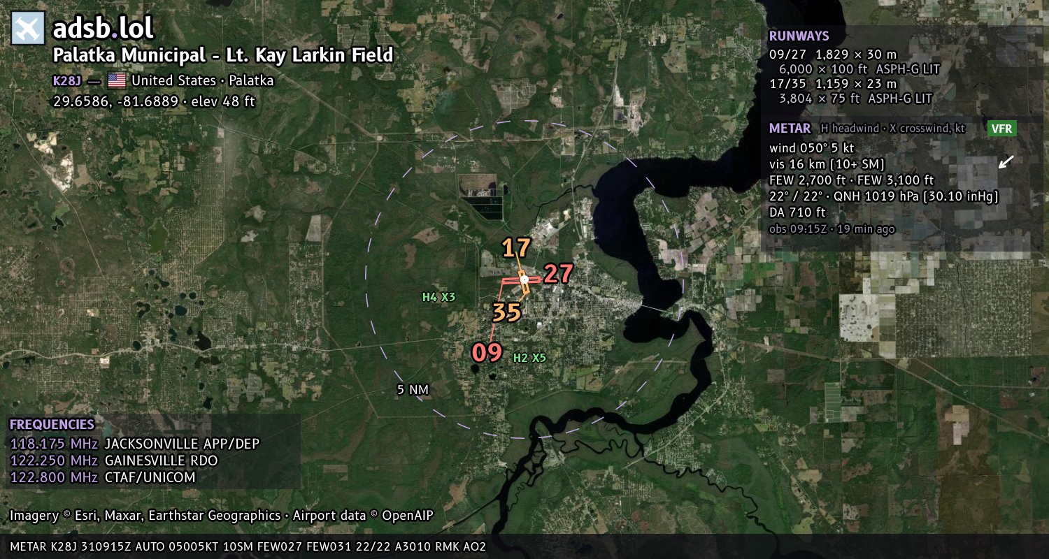 Satellite map with the runway layout of Palatka Municipal - Lt. Kay Larkin Field (K28J)