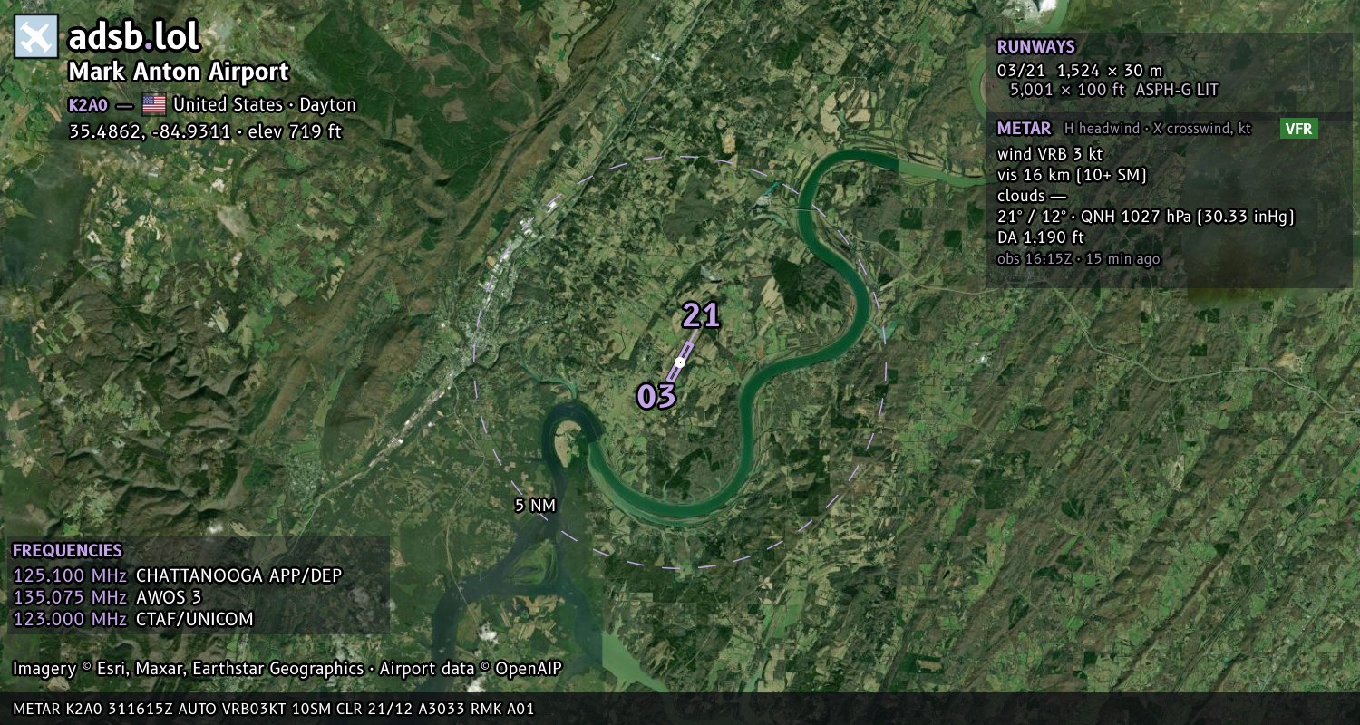 Satellite map with the runway layout of Mark Anton Airport (K2A0)
