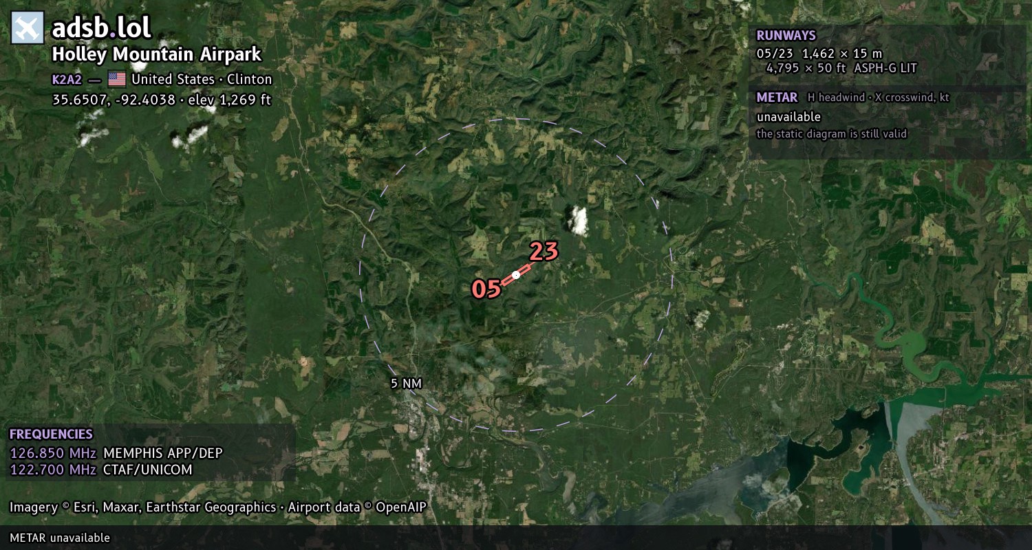 Satellite map with the runway layout of Holley Mountain Airpark (K2A2)