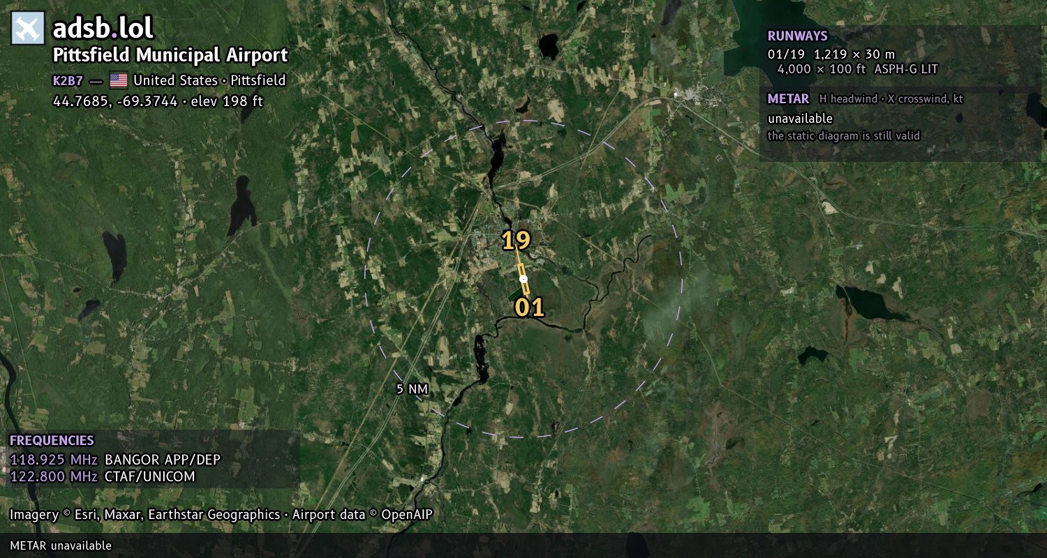 Satellite map with the runway layout of Pittsfield Municipal Airport (K2B7)