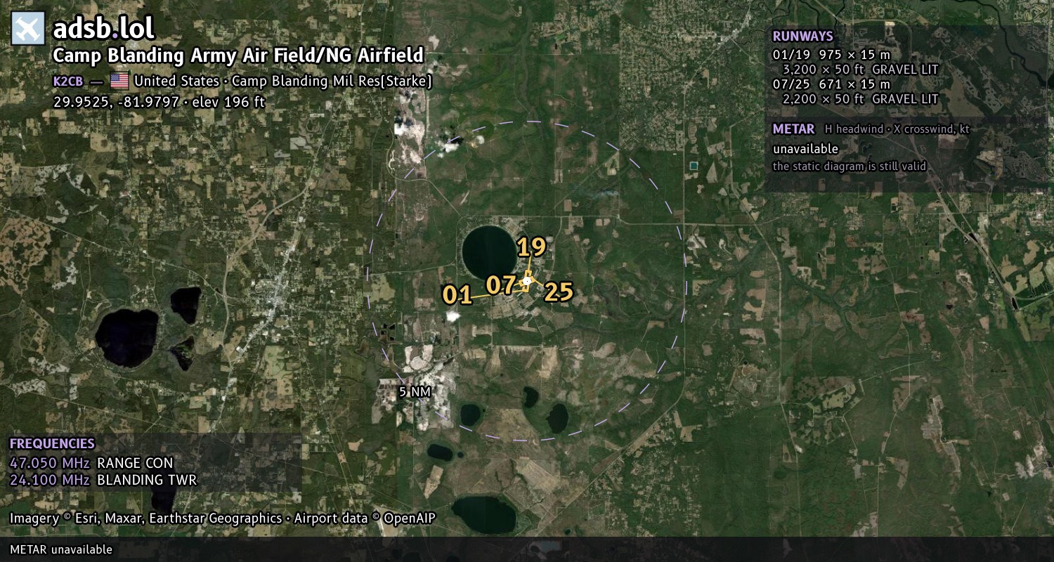 Satellite map with the runway layout of Camp Blanding Army Air Field/NG Airfield (K2CB)