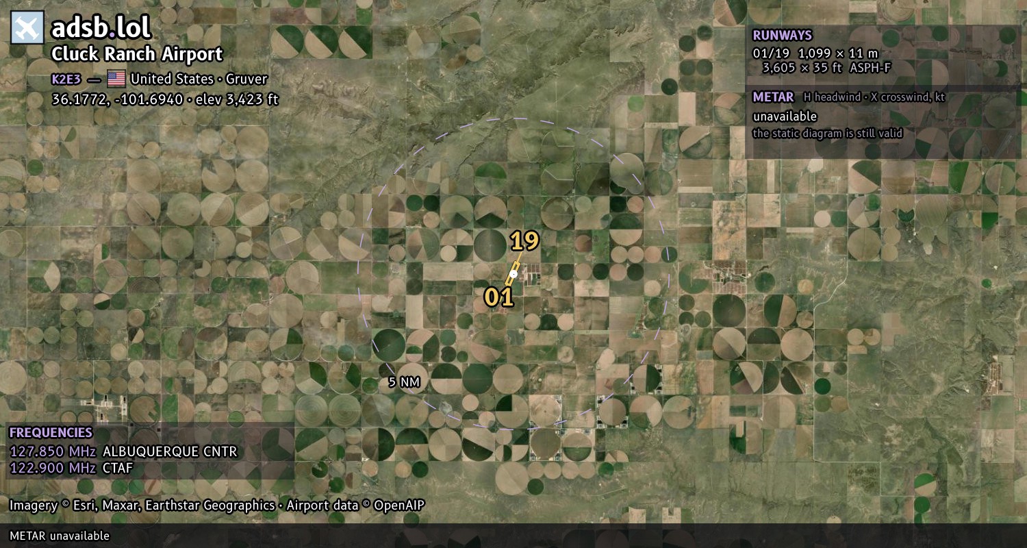 Satellite map with the runway layout of Cluck Ranch Airport (K2E3)