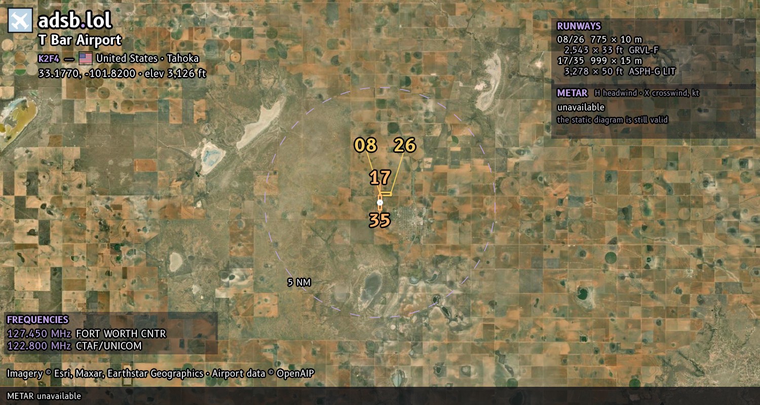 Satellite map with the runway layout of T Bar Airport (K2F4)