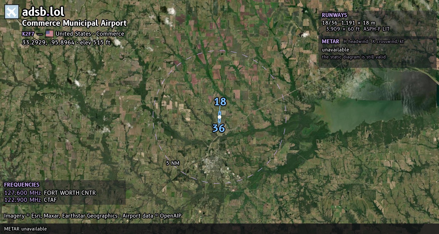 Satellite map with the runway layout of Commerce Municipal Airport (K2F7)