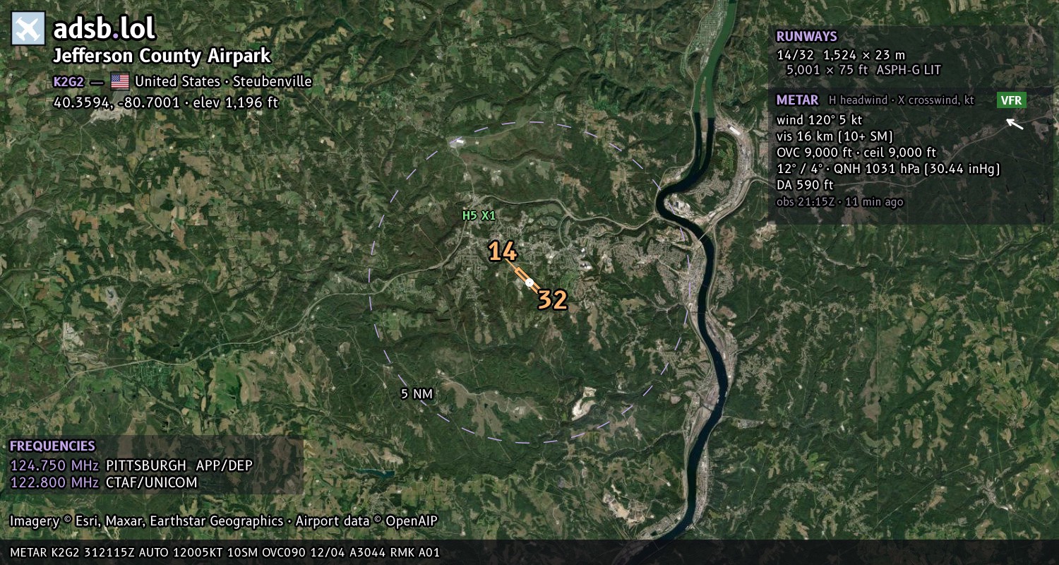 Satellite map with the runway layout of Jefferson County Airpark (K2G2)