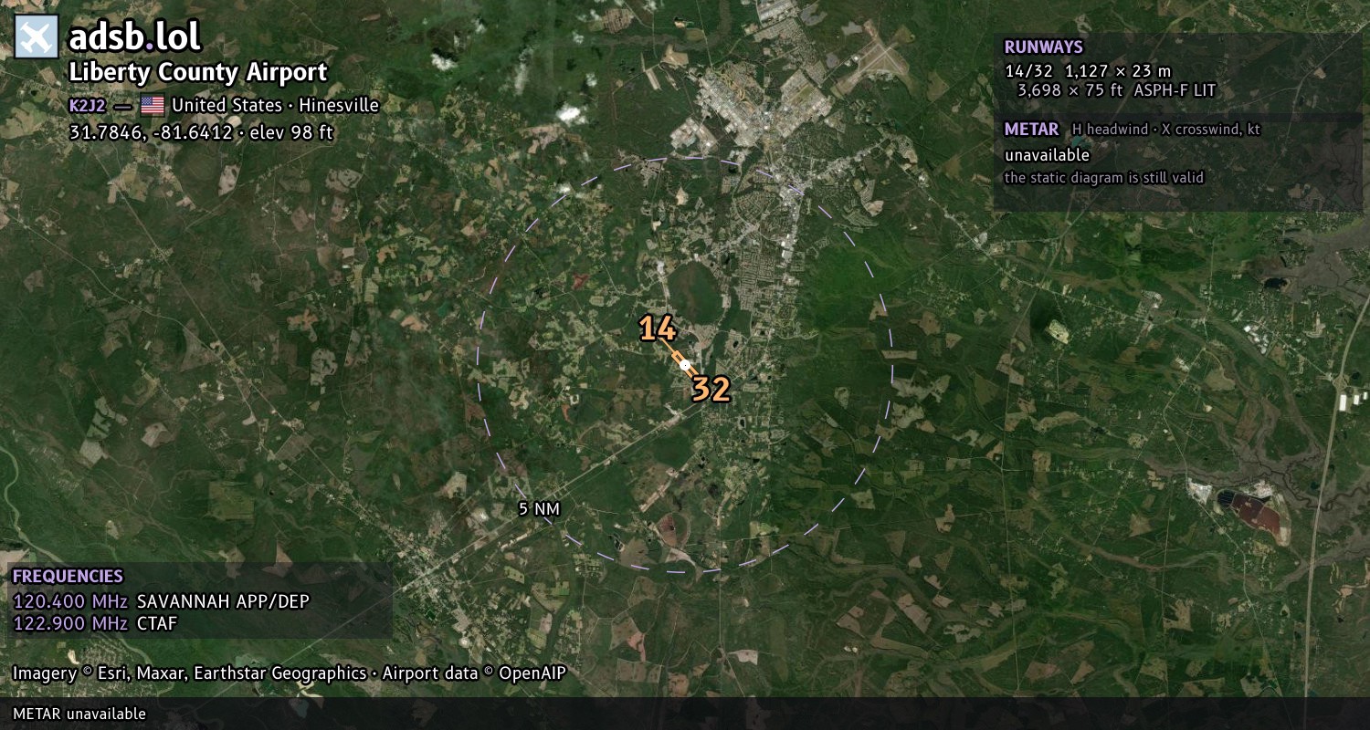 Satellite map with the runway layout of Liberty County Airport (K2J2)