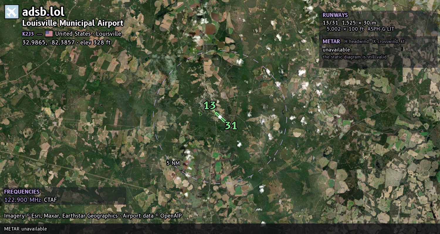 Satellite map with the runway layout of Louisville Municipal Airport (K2J3)