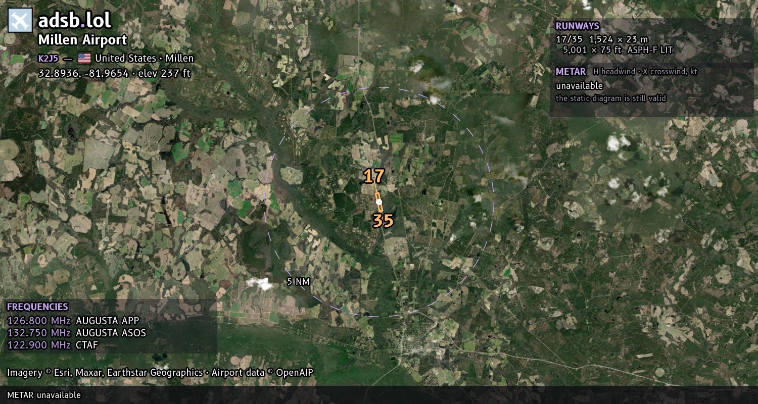 Satellite map with the runway layout of Millen Airport (K2J5)