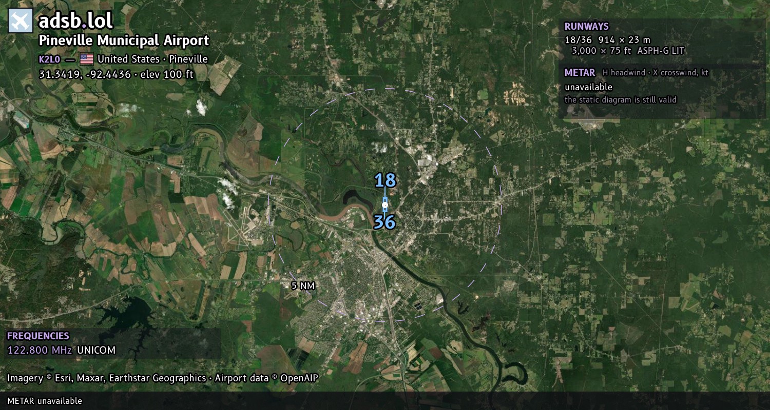 Satellite map with the runway layout of Pineville Municipal Airport (K2L0)