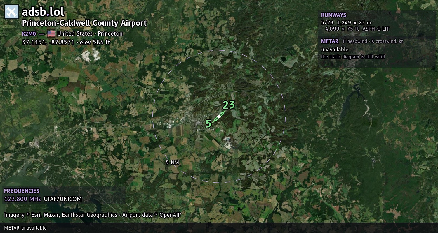 Satellite map with the runway layout of Princeton-Caldwell County Airport (K2M0)