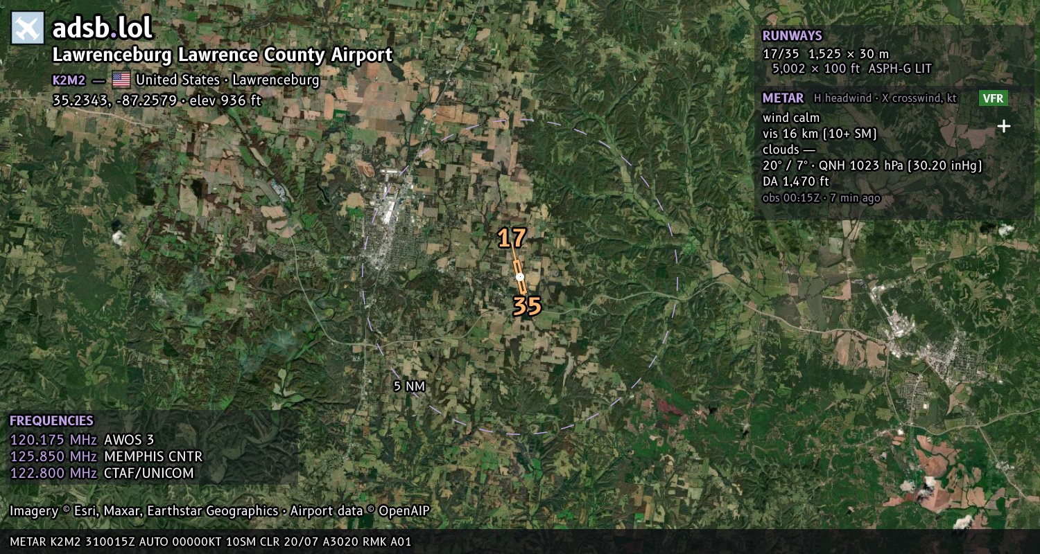 Satellite map with the runway layout of Lawrenceburg Lawrence County Airport (K2M2)