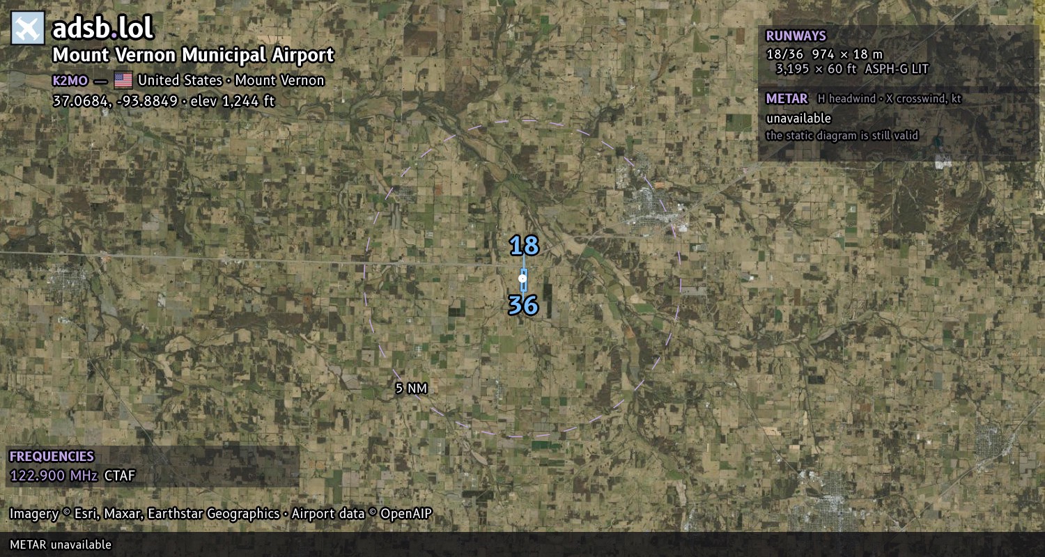 Satellite map with the runway layout of Mount Vernon Municipal Airport (K2MO)
