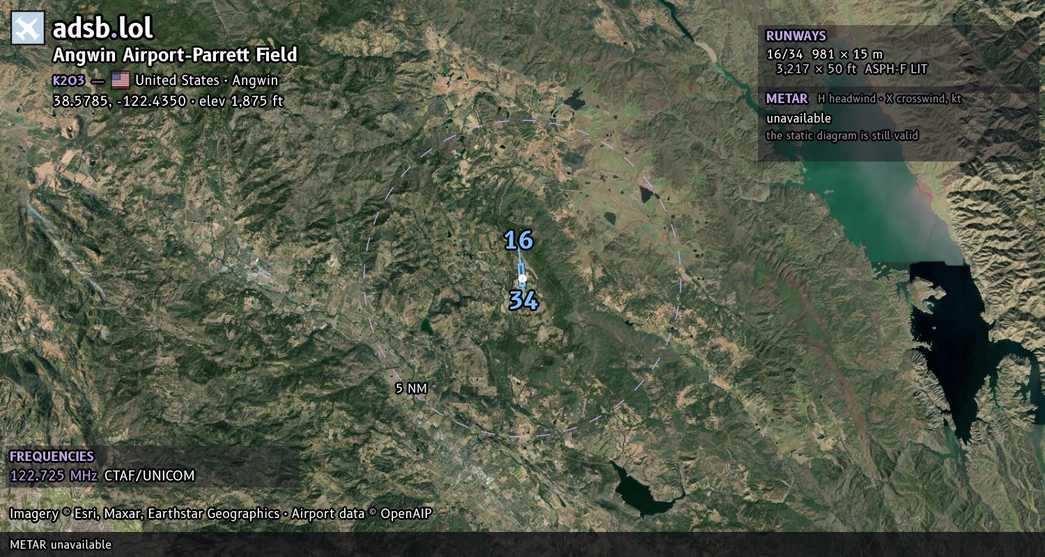 Satellite map with the runway layout of Angwin Airport-Parrett Field (K2O3)