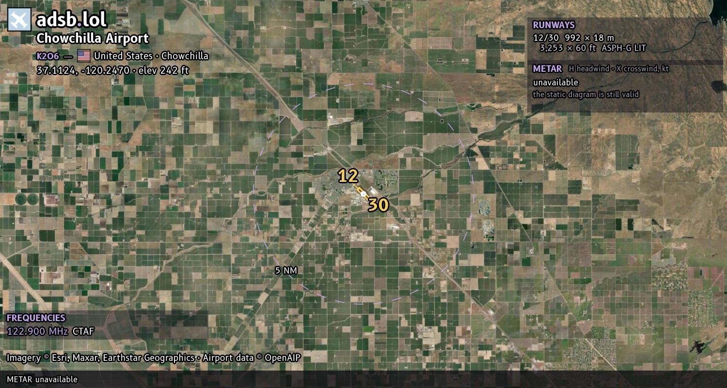 Satellite map with the runway layout of Chowchilla Airport (K2O6)