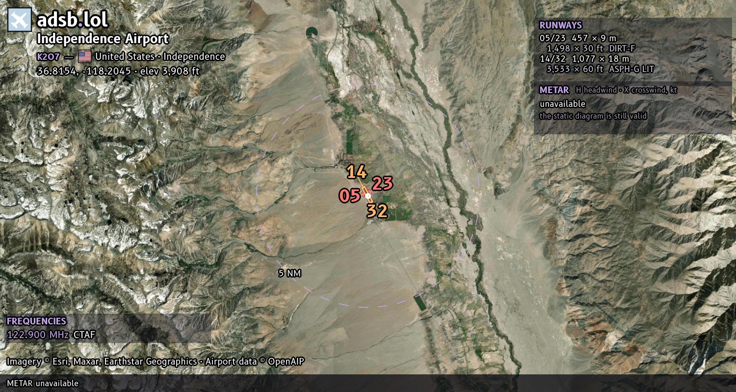 Satellite map with the runway layout of Independence Airport (K2O7)
