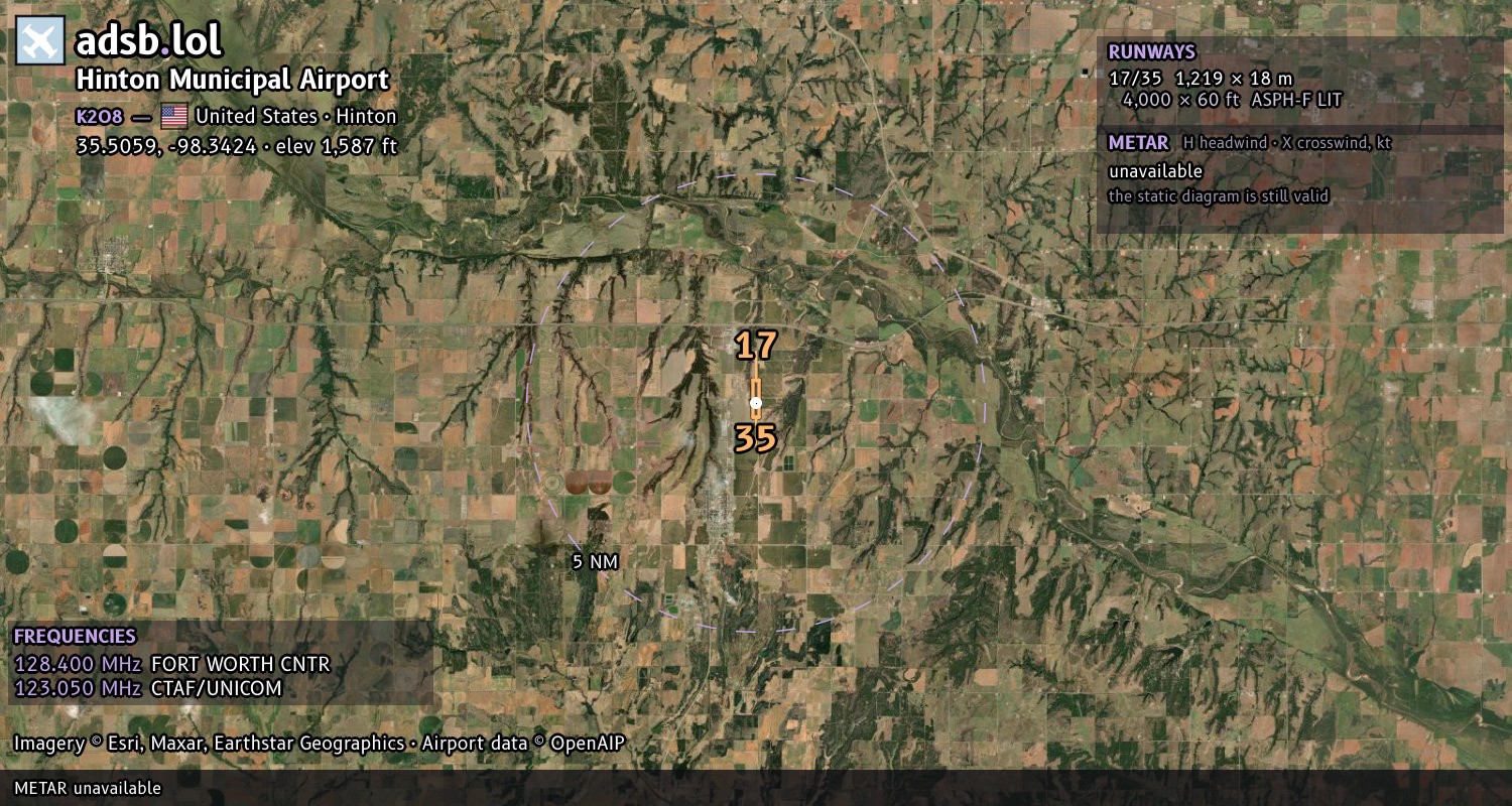 Satellite map with the runway layout of Hinton Municipal Airport (K2O8)