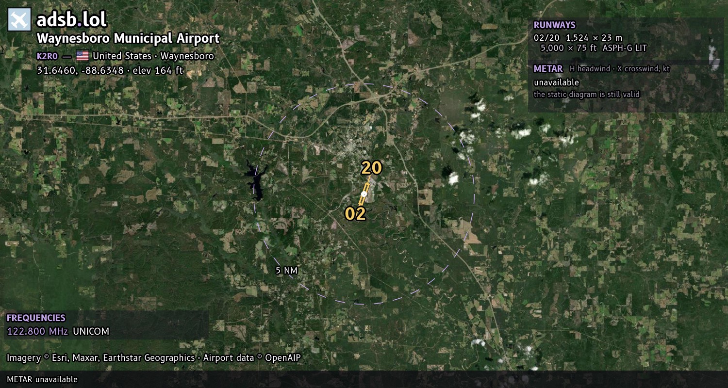 Satellite map with the runway layout of Waynesboro Municipal Airport (K2R0)
