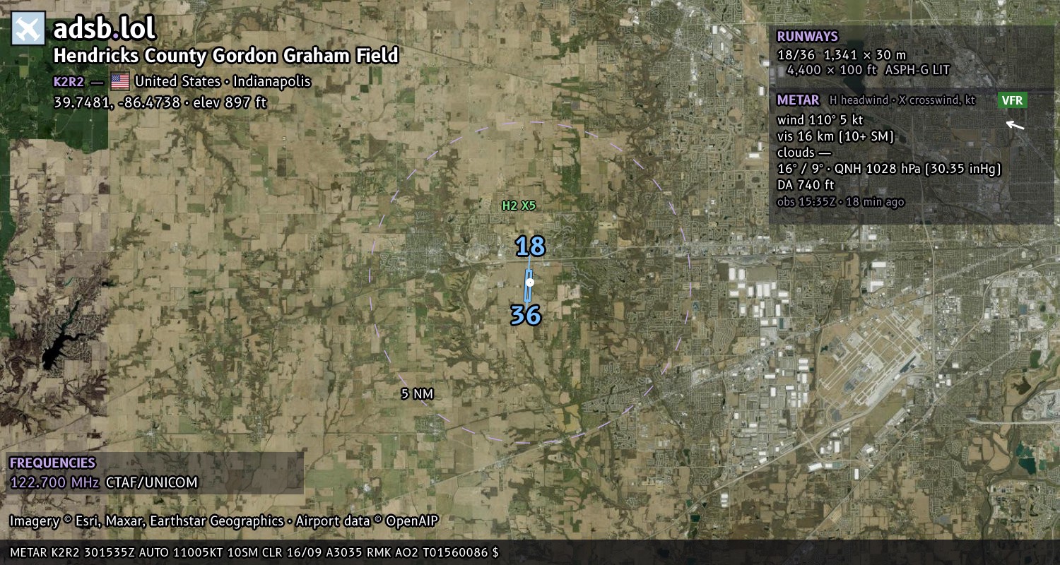 Satellite map with the runway layout of Hendricks County Gordon Graham Field (K2R2)