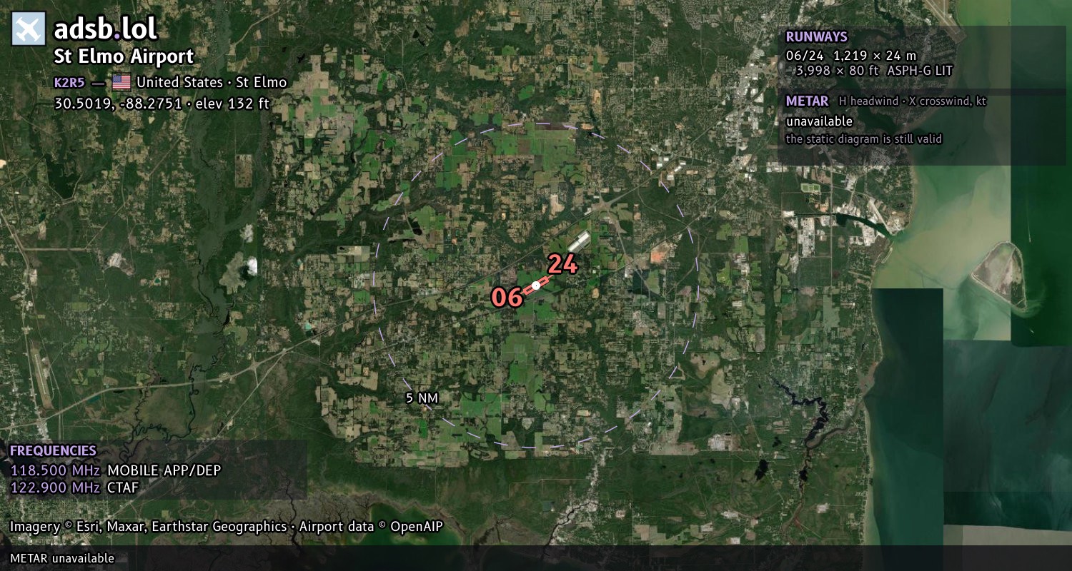 Satellite map with the runway layout of St Elmo Airport (K2R5)