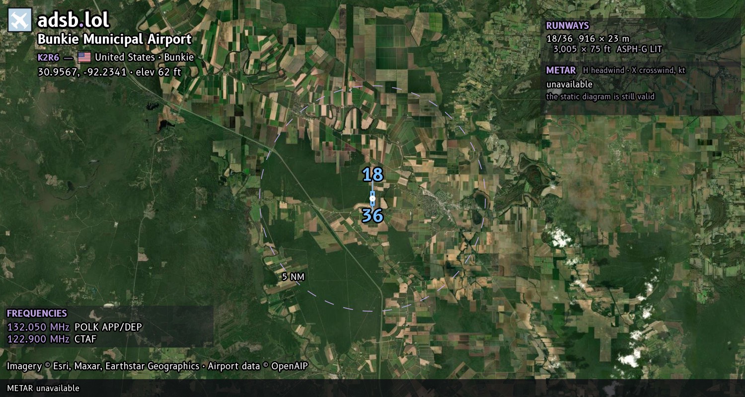 Satellite map with the runway layout of Bunkie Municipal Airport (K2R6)