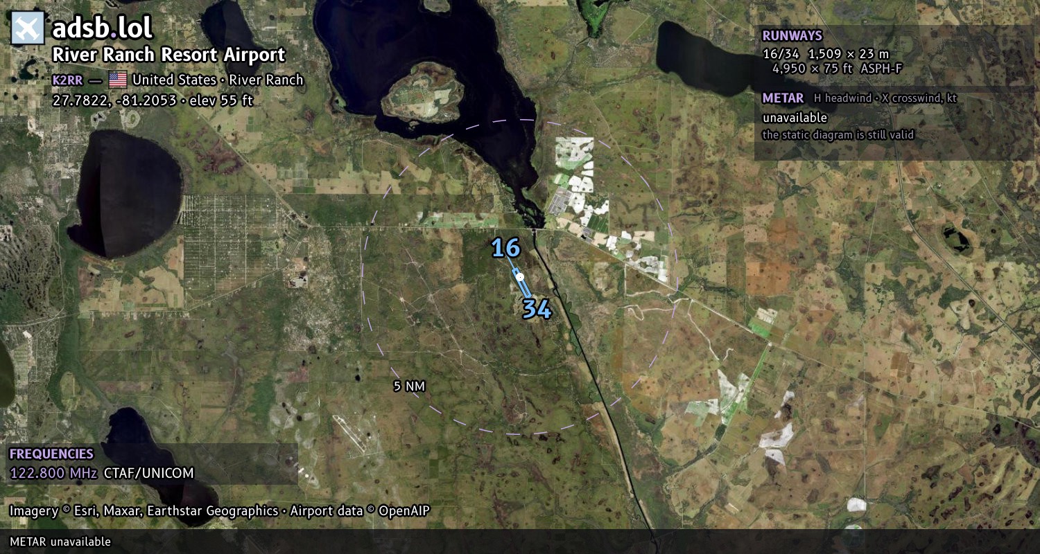 Satellite map with the runway layout of River Ranch Resort Airport (K2RR)
