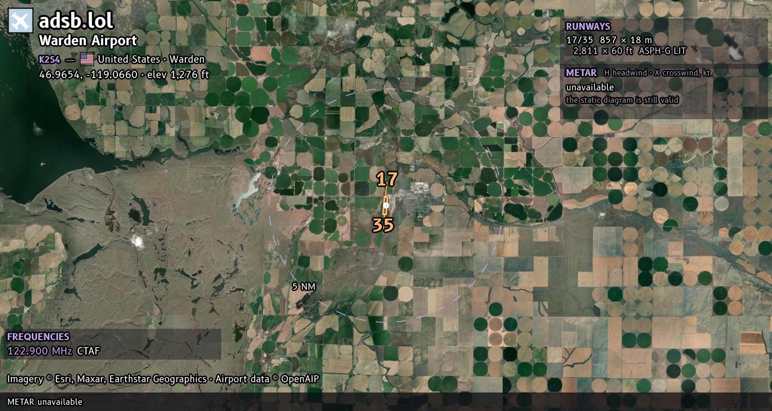 Satellite map with the runway layout of Warden Airport (K2S4)