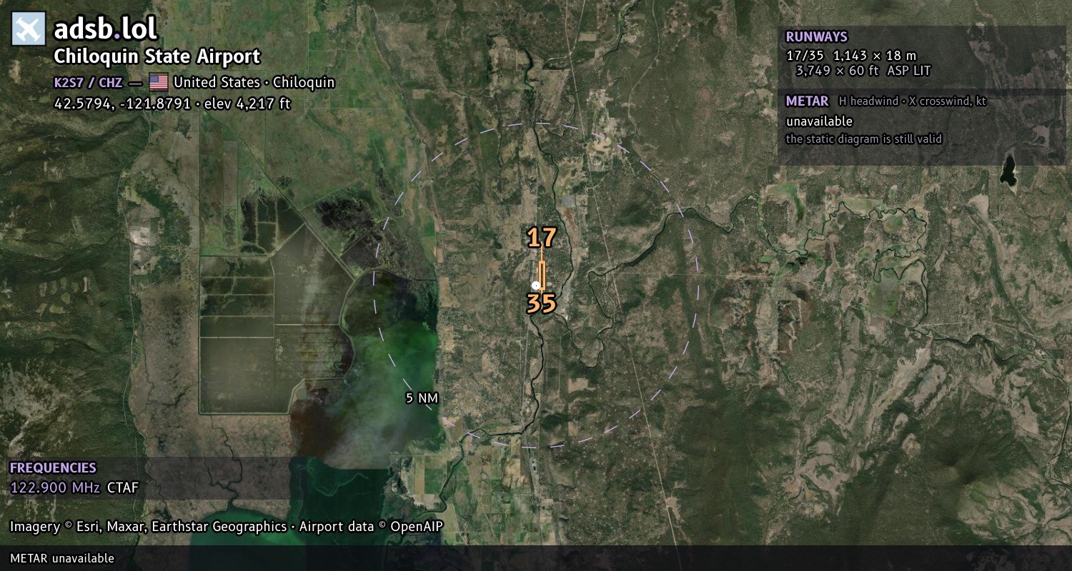 Satellite map with the runway layout of Chiloquin State Airport (K2S7)