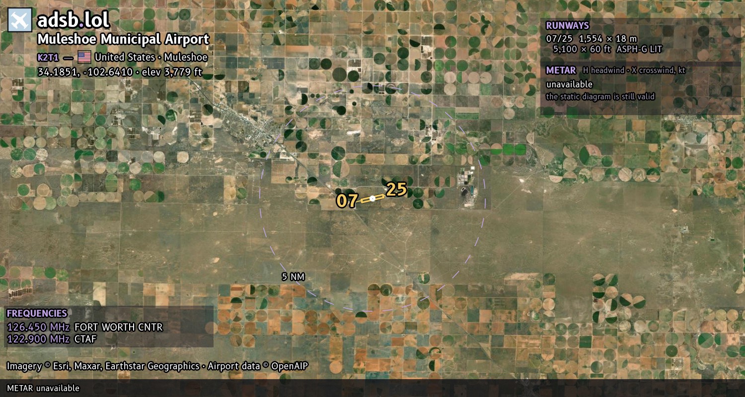 Satellite map with the runway layout of Muleshoe Municipal Airport (K2T1)