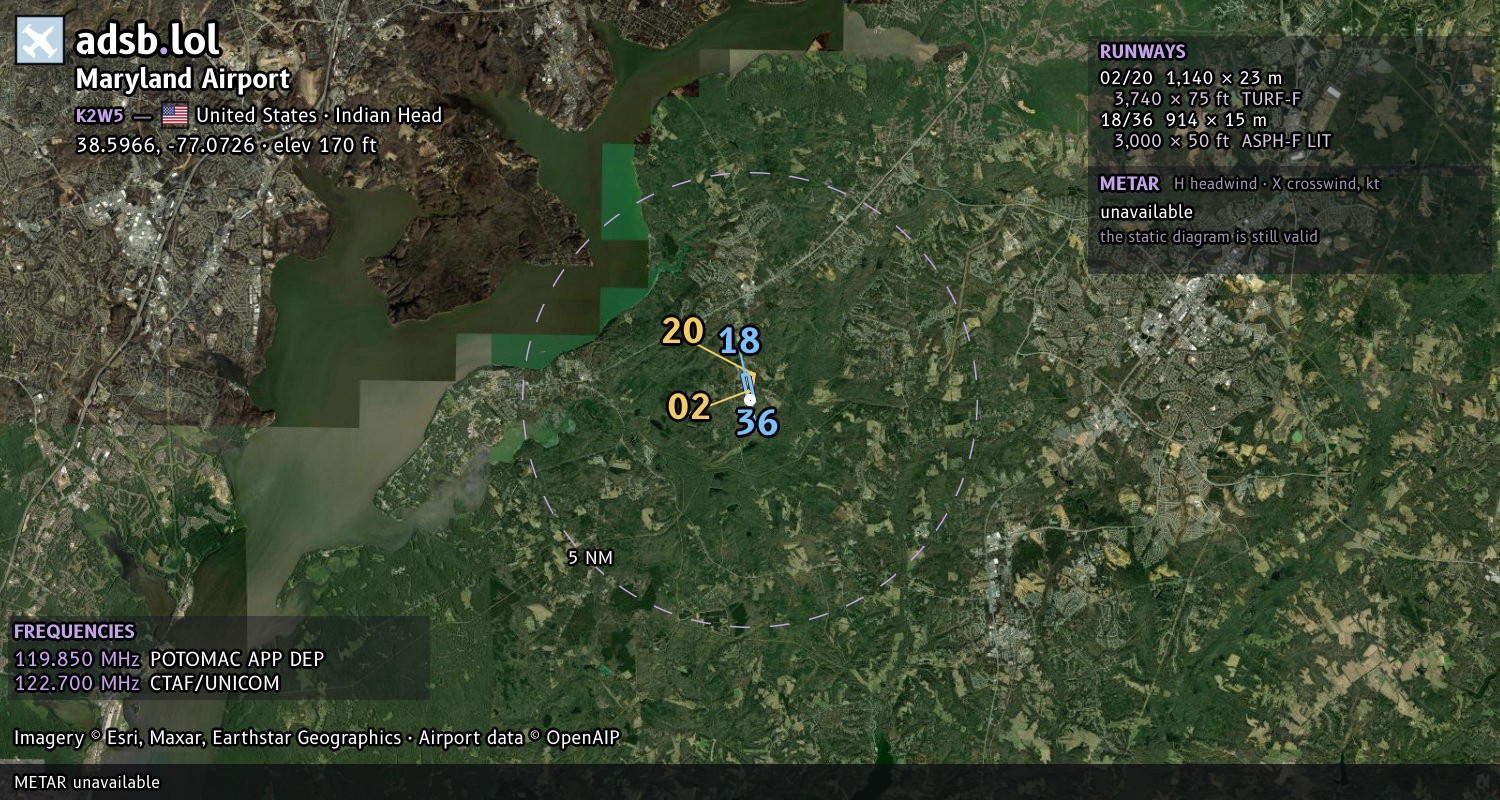 Satellite map with the runway layout of Maryland Airport (K2W5)