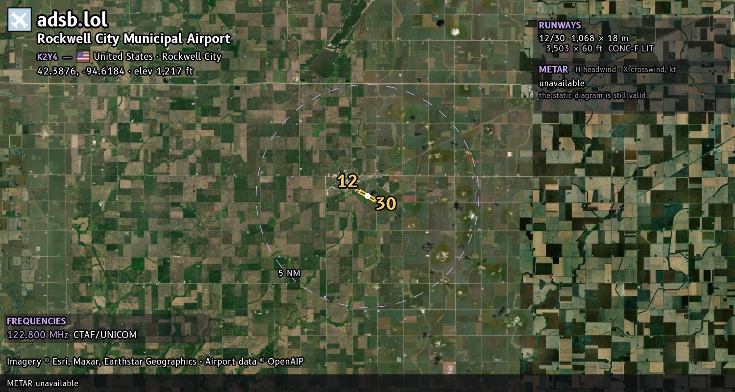 Satellite map with the runway layout of Rockwell City Municipal Airport (K2Y4)