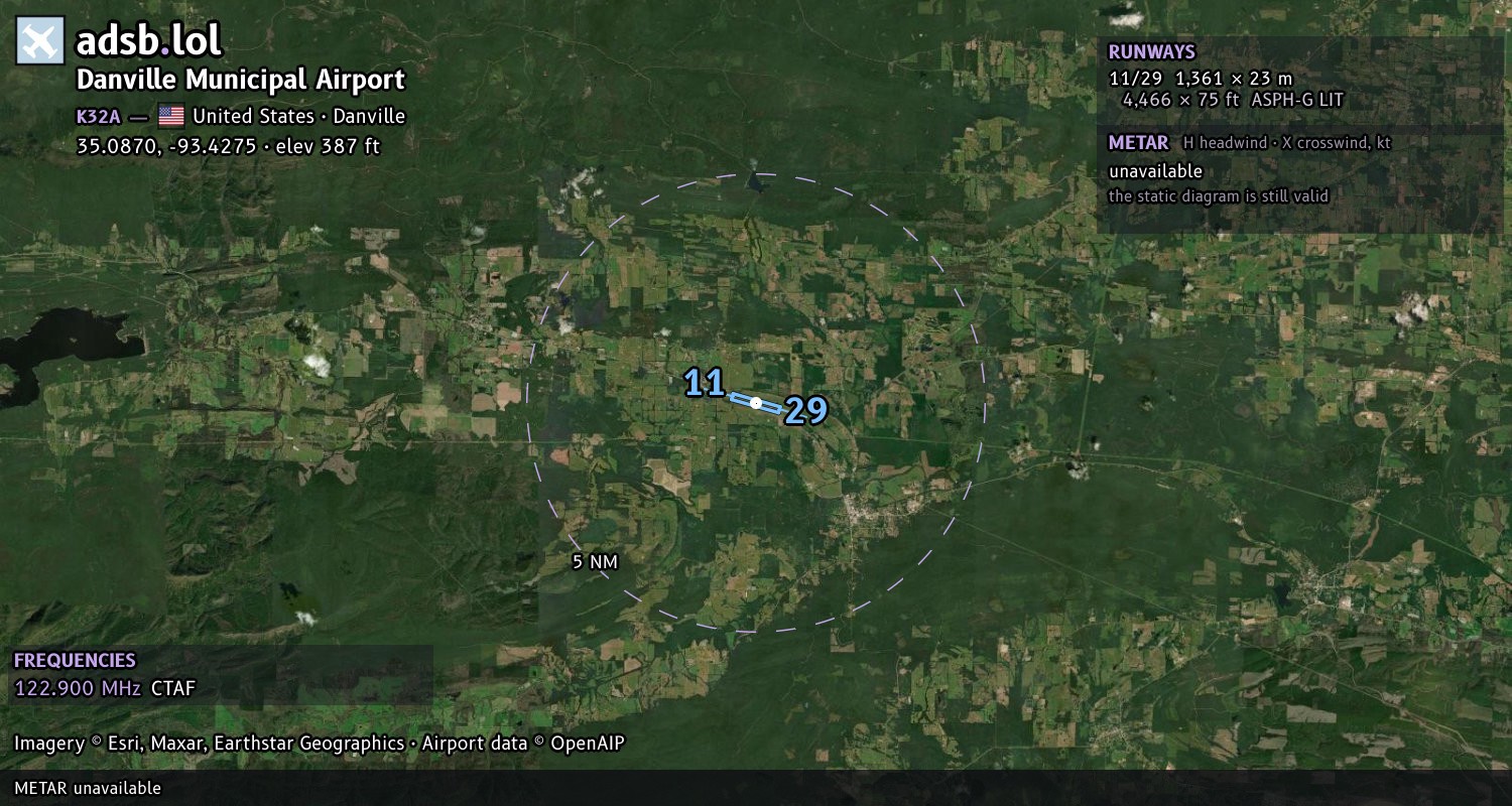 Satellite map with the runway layout of Danville Municipal Airport (K32A)