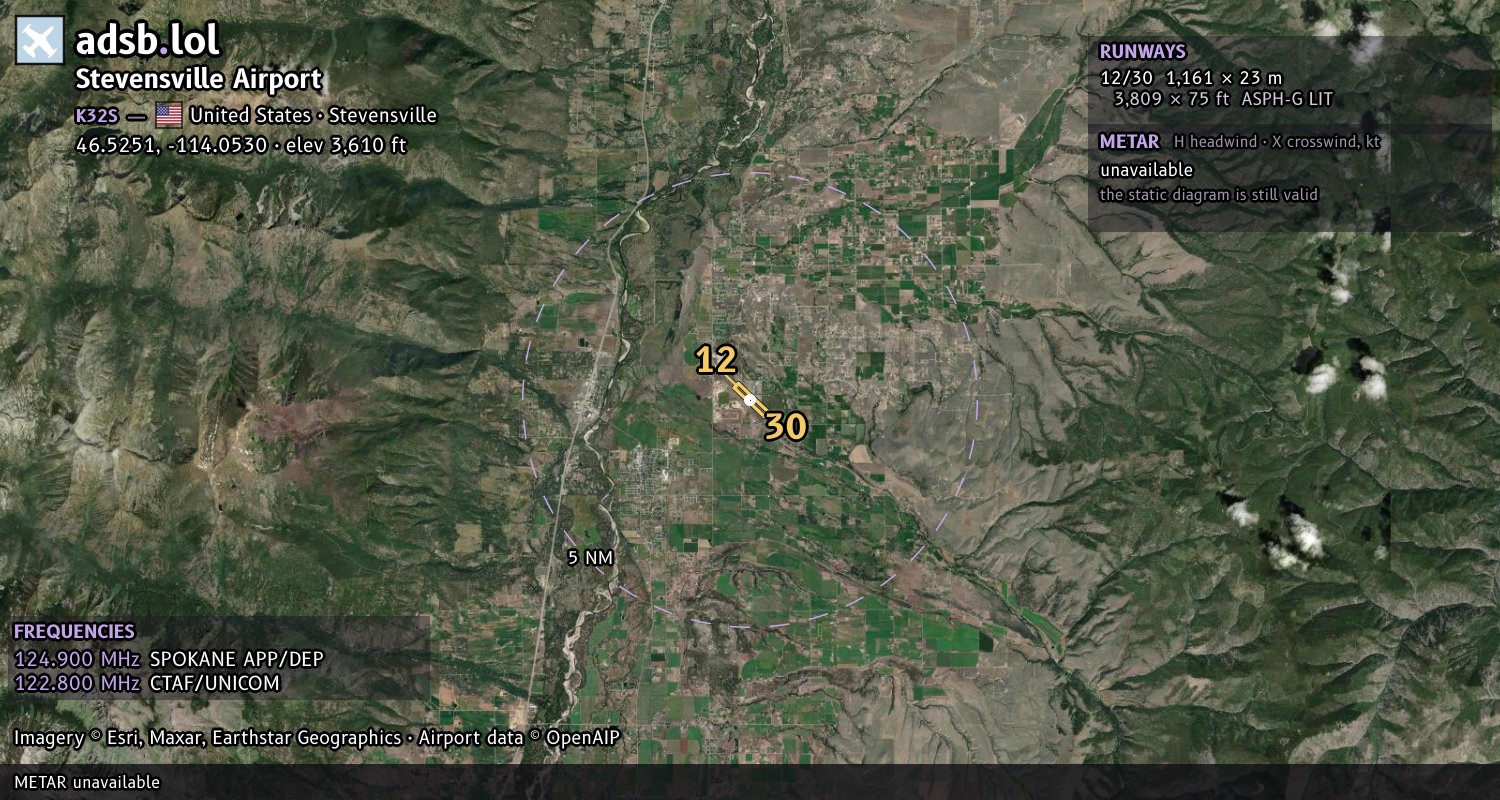 Satellite map with the runway layout of Stevensville Airport (K32S)