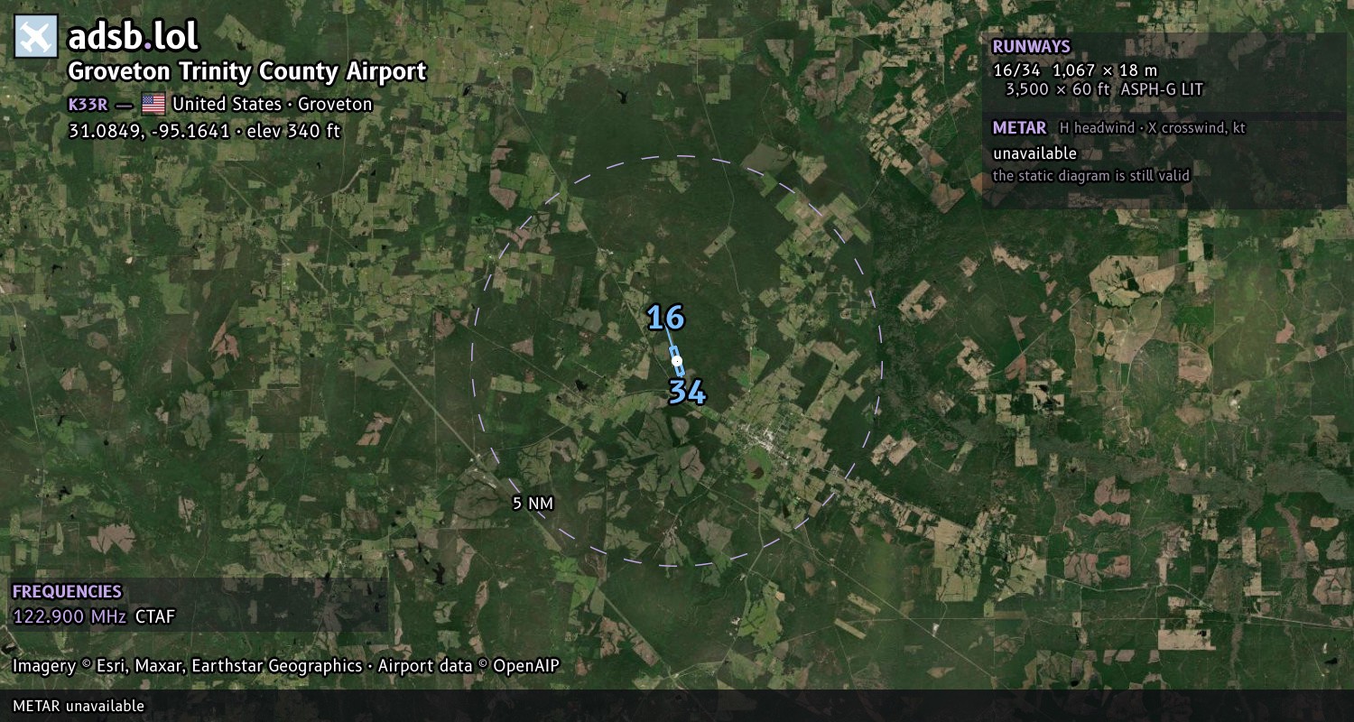 Satellite map with the runway layout of Groveton Trinity County Airport (K33R)